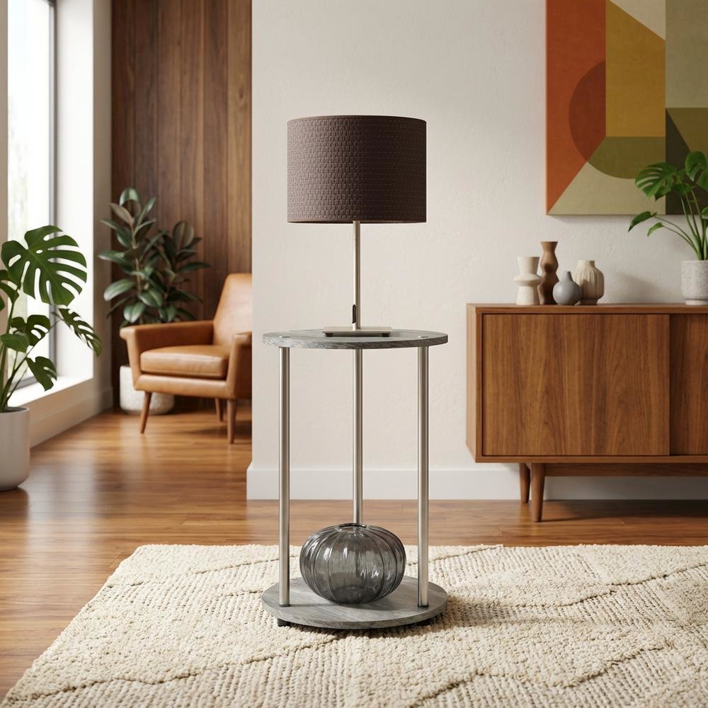 Round End Table with Faux Gray Marble Finish and Chrome Frame. Picture 2