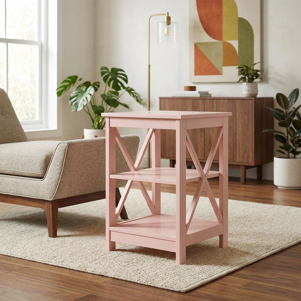Blush Pink End Table with Shelves — Transitional Coastal Style for Living Room. Picture 3