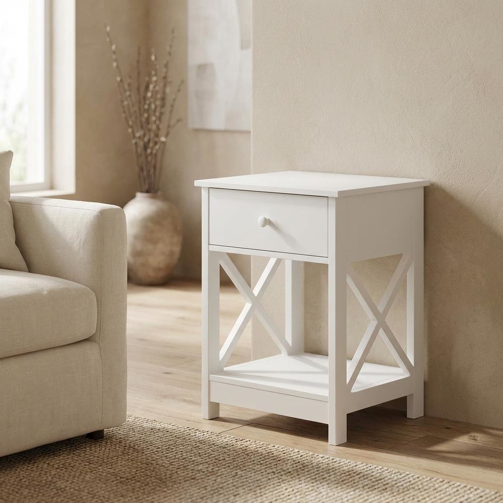 White 1-Drawer End Table with Modern Square Design. Picture 2