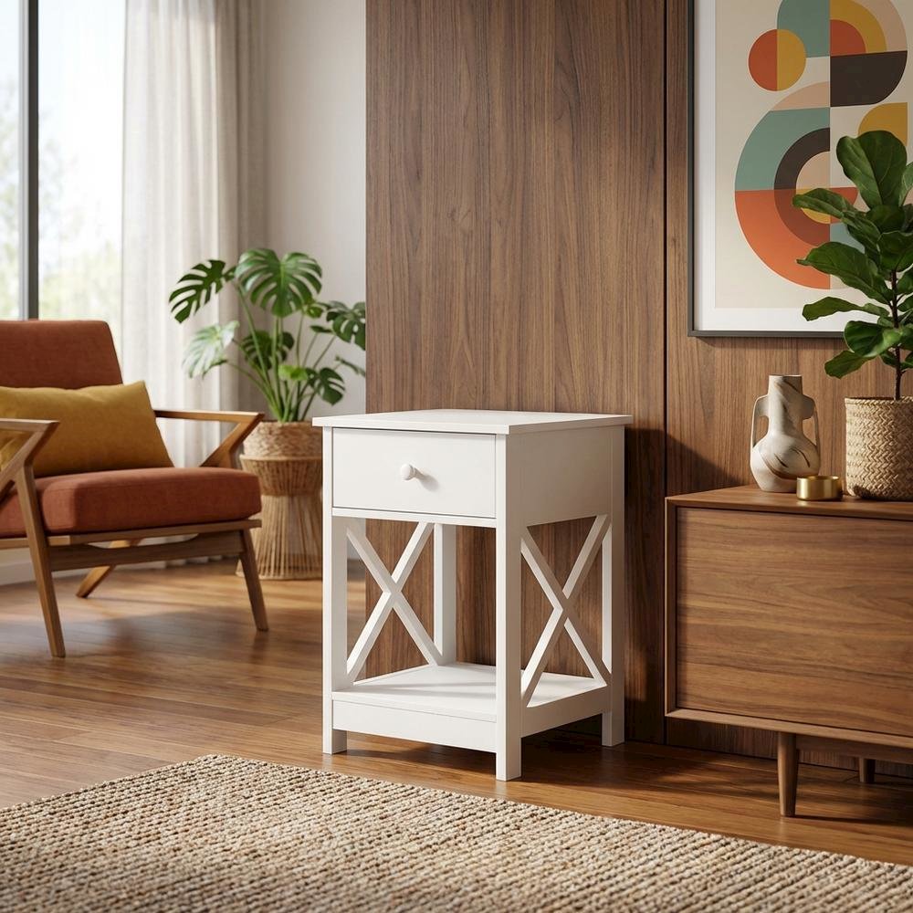 White 1-Drawer End Table with Modern Square Design. Picture 3