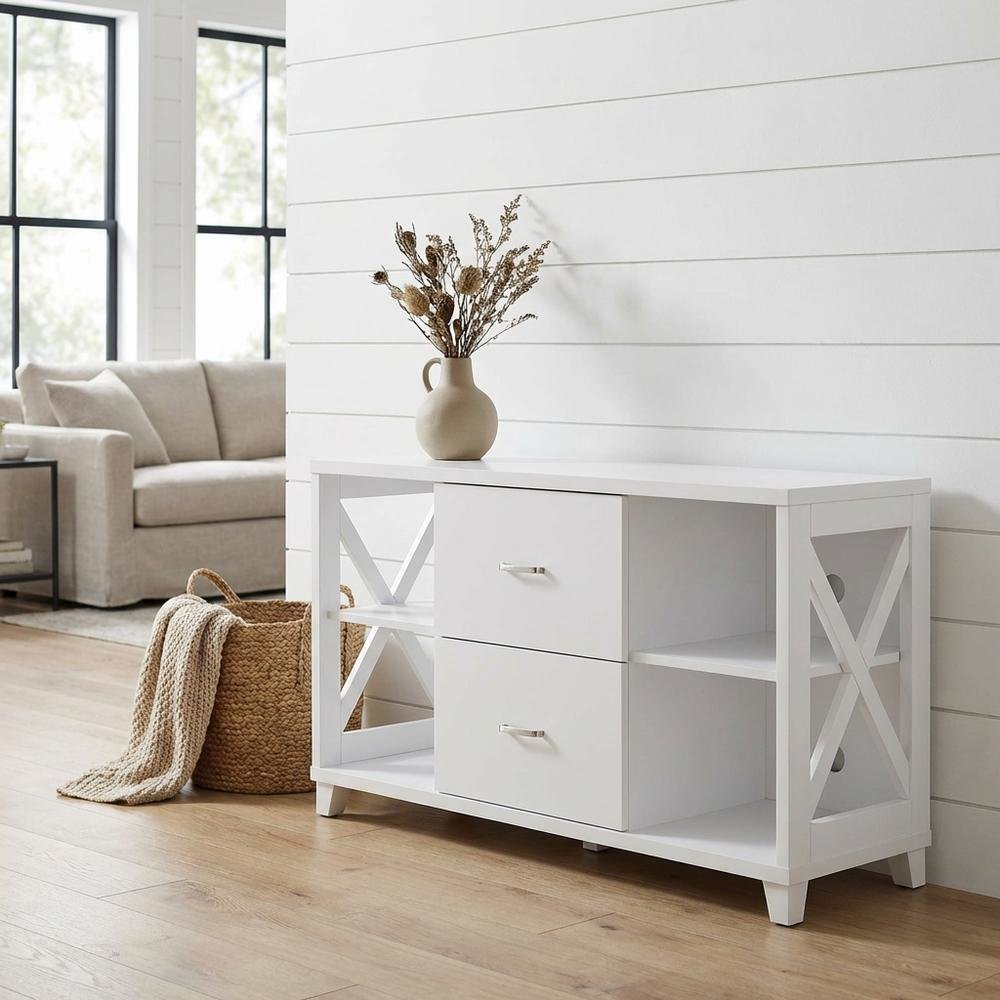 White Oxford Deluxe TV Stand, 2 Drawers, Shelves, Up to 55-Inch Screens. Picture 2