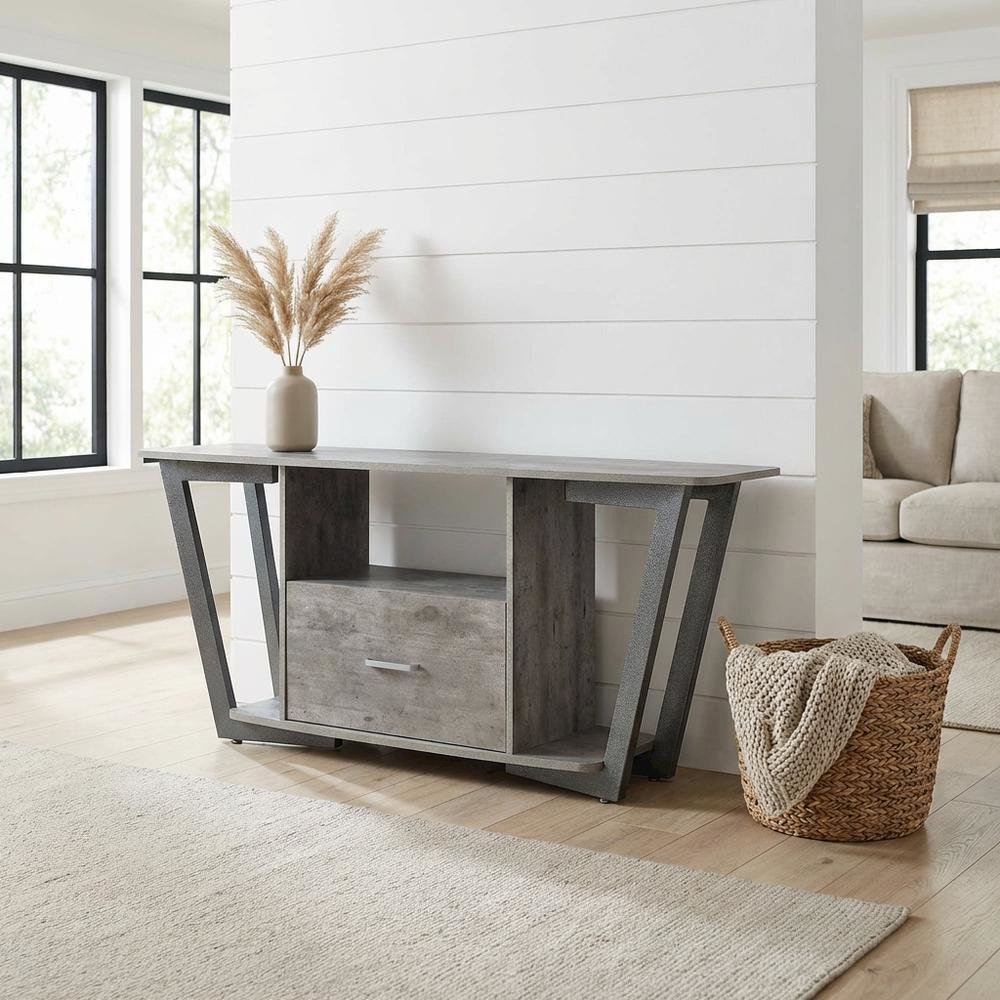 Gray TV stand with single drawer and shelf for 65-inch TVs, powder-coated metal. Picture 2