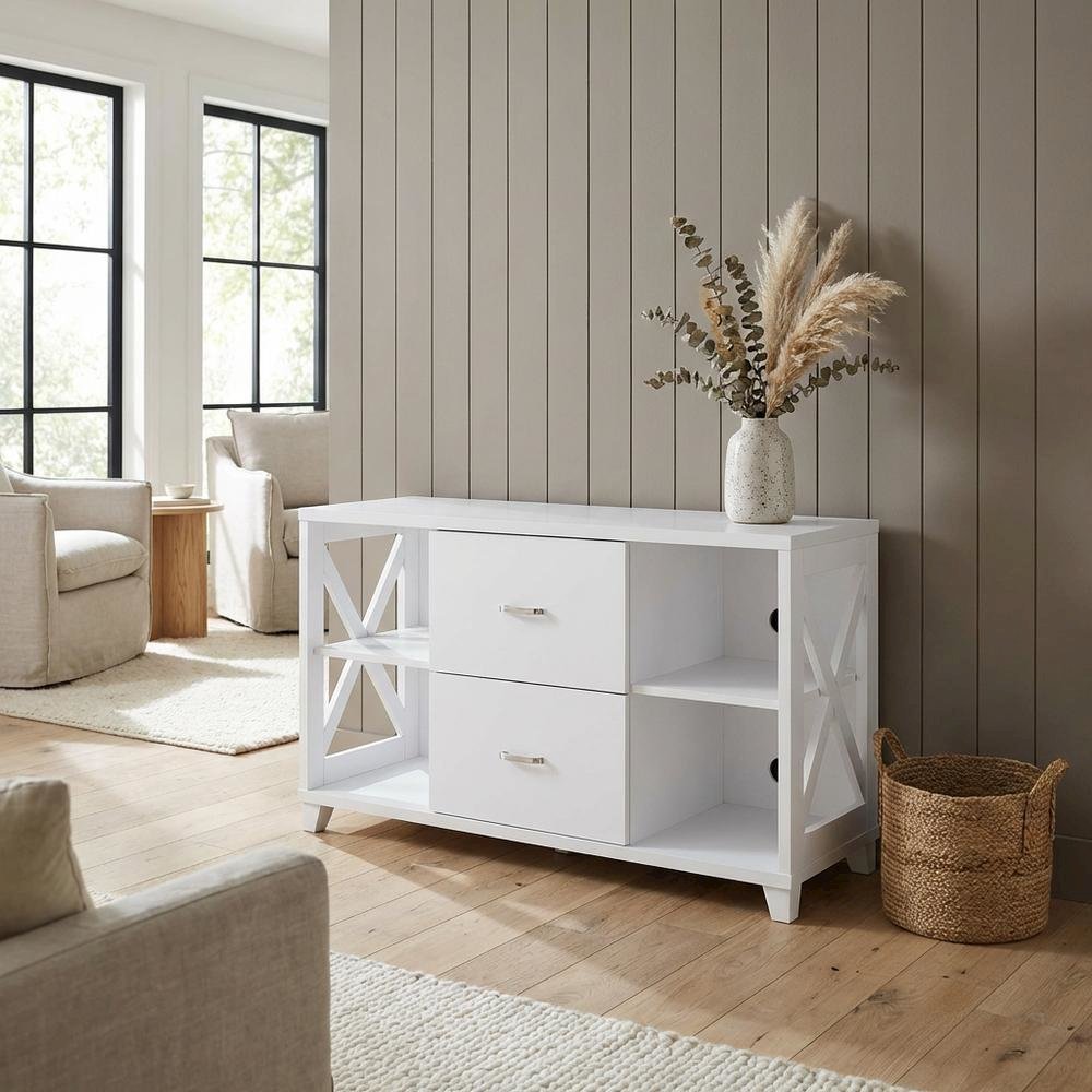 White Oxford Deluxe TV Stand, 2 Drawers, Shelves, Up to 55-Inch Screens. Picture 3