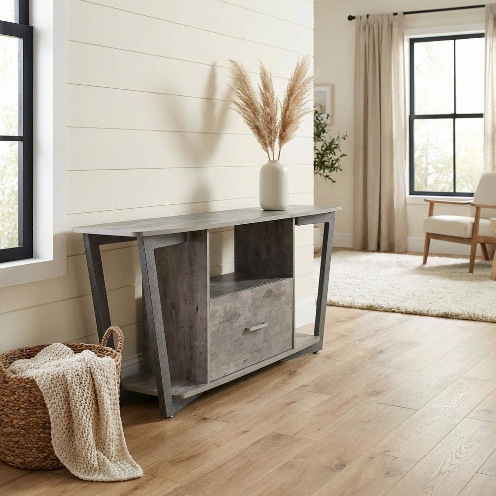 Gray TV stand with single drawer and shelf for 65-inch TVs, powder-coated metal. Picture 3