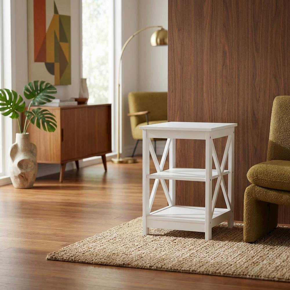 White end table with shelves, transitional coastal style, stylish and functional. Picture 3