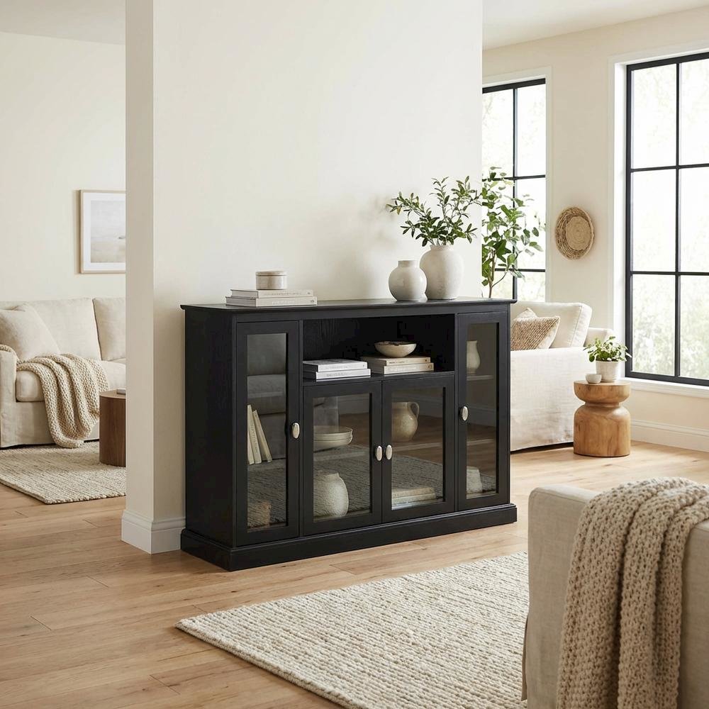 Black Highboy TV Stand with Storage Cabinets and Shelves for 55-Inch TVs. Picture 3