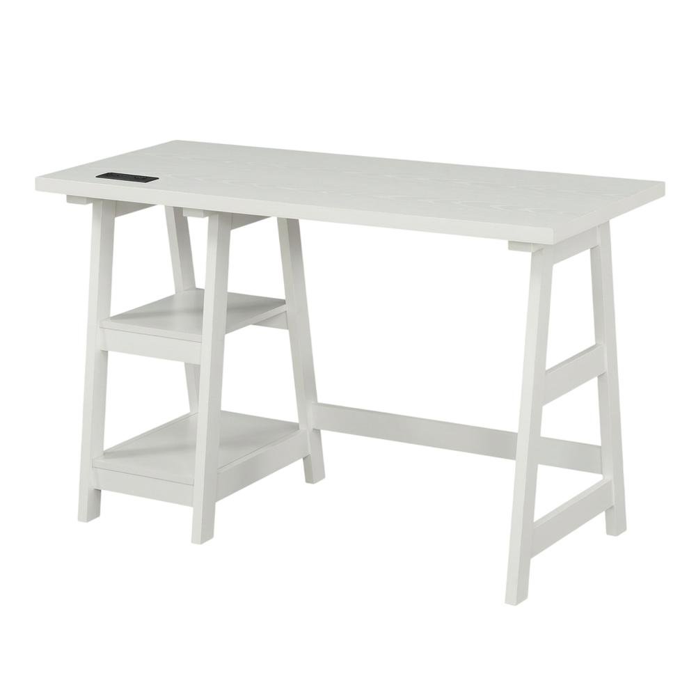 White Trestle Desk With Built-In Charging Station And Melamine Surface. Picture 1