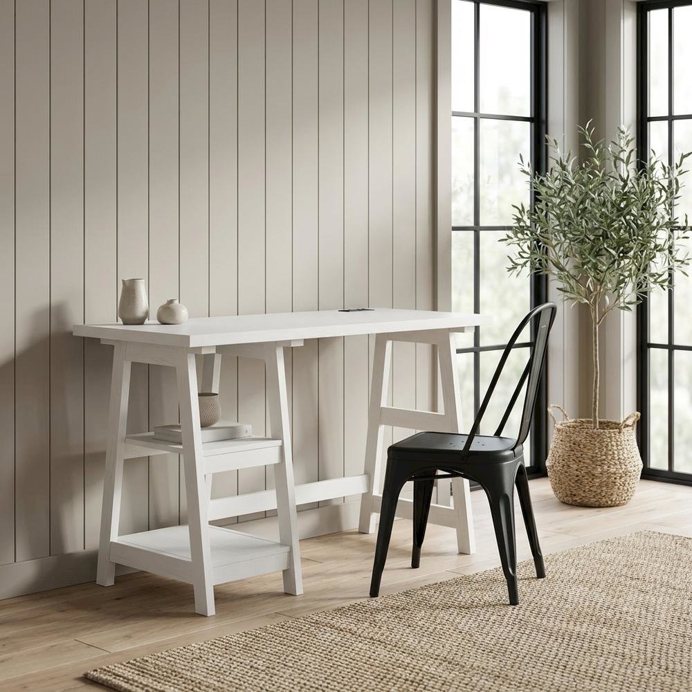 White Trestle Desk With Built-In Charging Station And Melamine Surface. Picture 2
