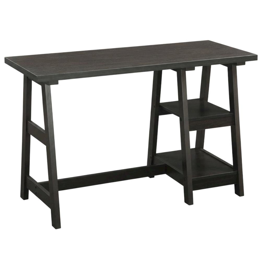 Wooden Trestle Desk With Shelves And Melamine Finish For Office Work. Picture 1