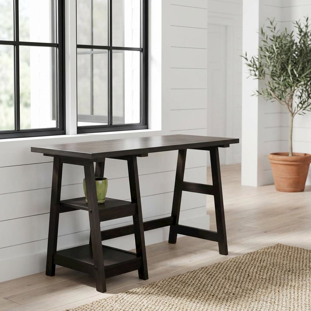 Wooden Trestle Desk With Shelves And Melamine Finish For Office Work. Picture 2
