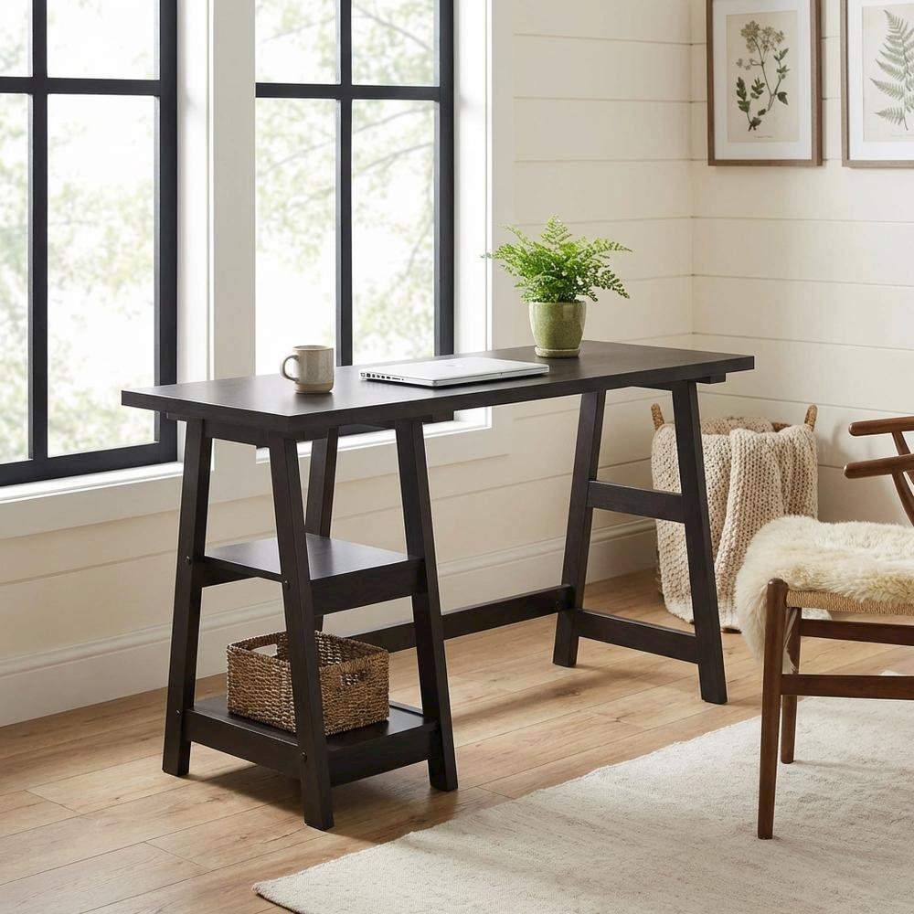 Wooden Trestle Desk With Shelves And Melamine Finish For Office Work. Picture 3