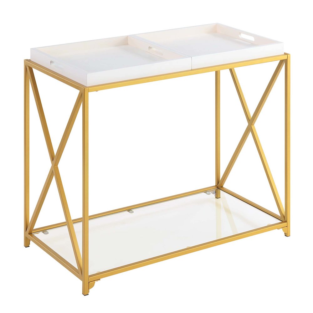 St. Andrews Console Table with Shelf and Removable Trays, White/Gold. Picture 1