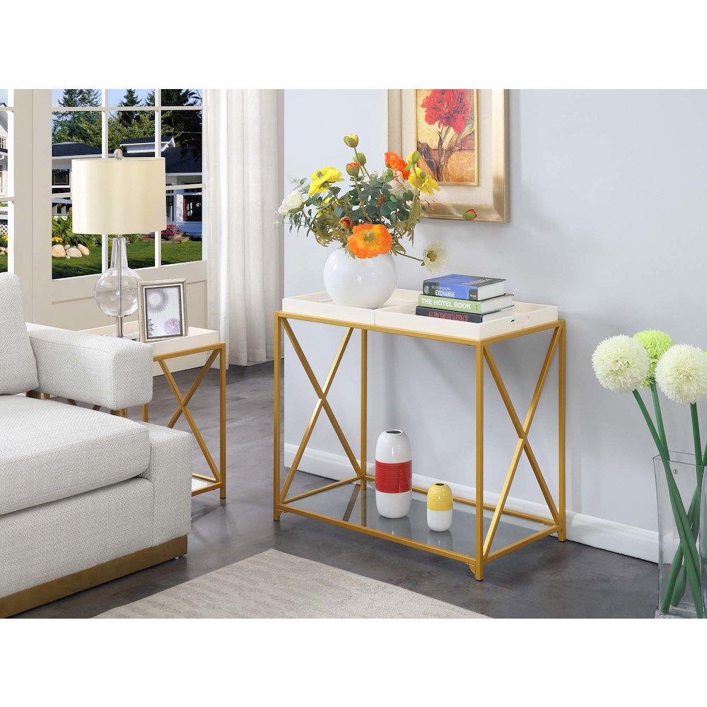 St. Andrews Console Table with Shelf and Removable Trays, White/Gold. Picture 2