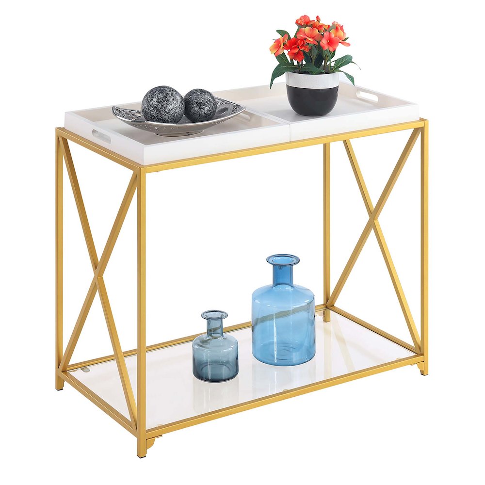 St. Andrews Console Table with Shelf and Removable Trays, White/Gold. Picture 3