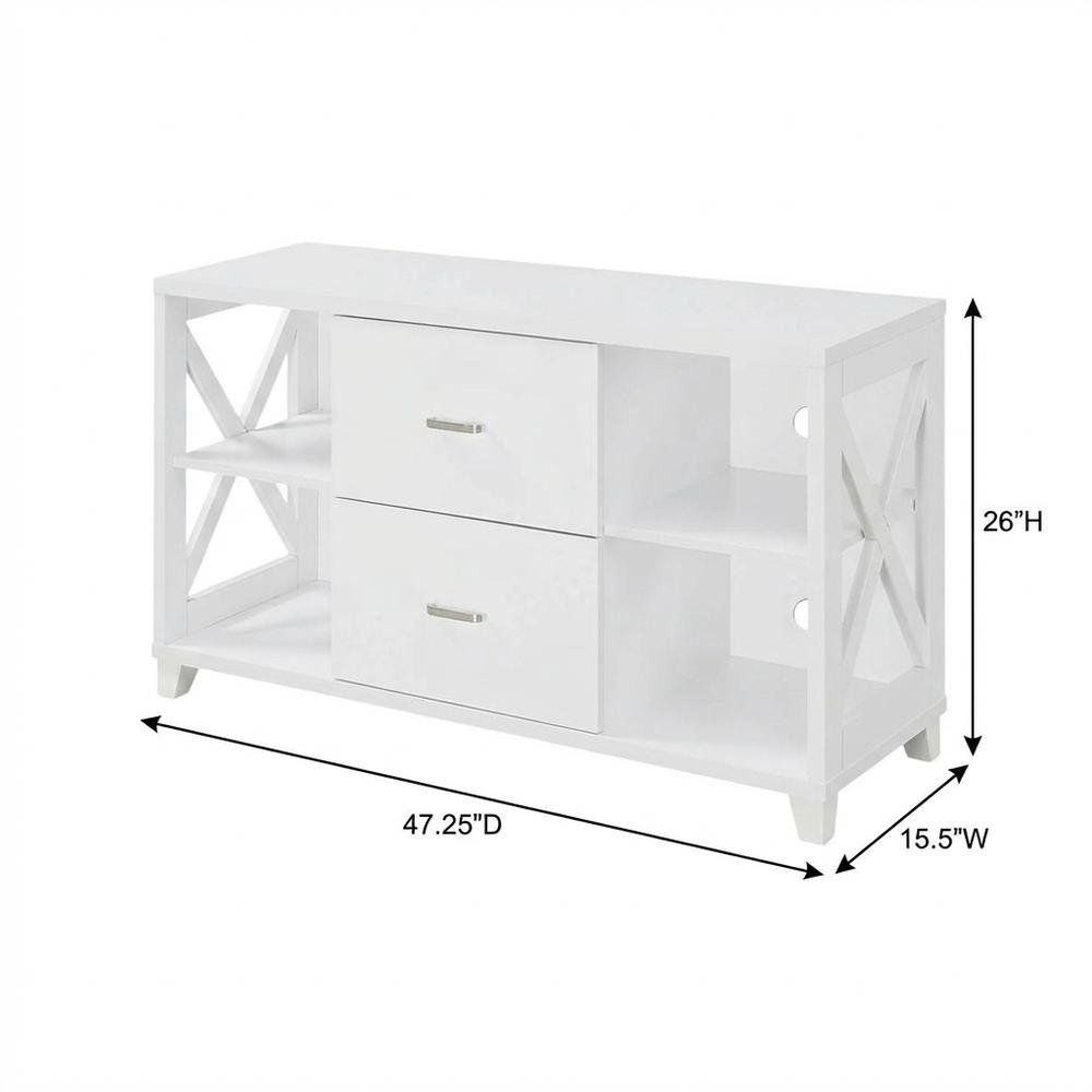 White Oxford Deluxe TV Stand, 2 Drawers, Shelves, Up to 55-Inch Screens. Picture 7