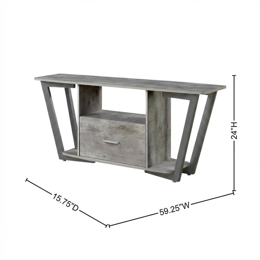 Gray TV stand with single drawer and shelf for 65-inch TVs, powder-coated metal. Picture 7
