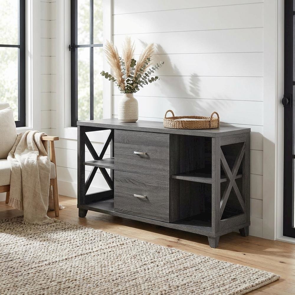 Gray Oxford Deluxe TV Stand with 2 Drawers and Shelves for 55-Inch Screens. Picture 2