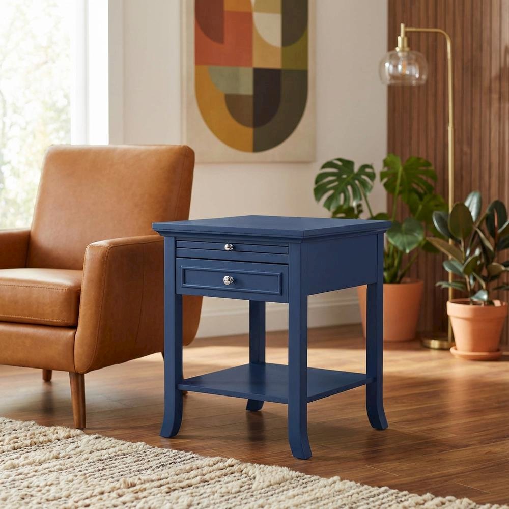 Cobalt Blue End Table with 1 Drawer and Pull-Out Shelf for Living Room. Picture 2