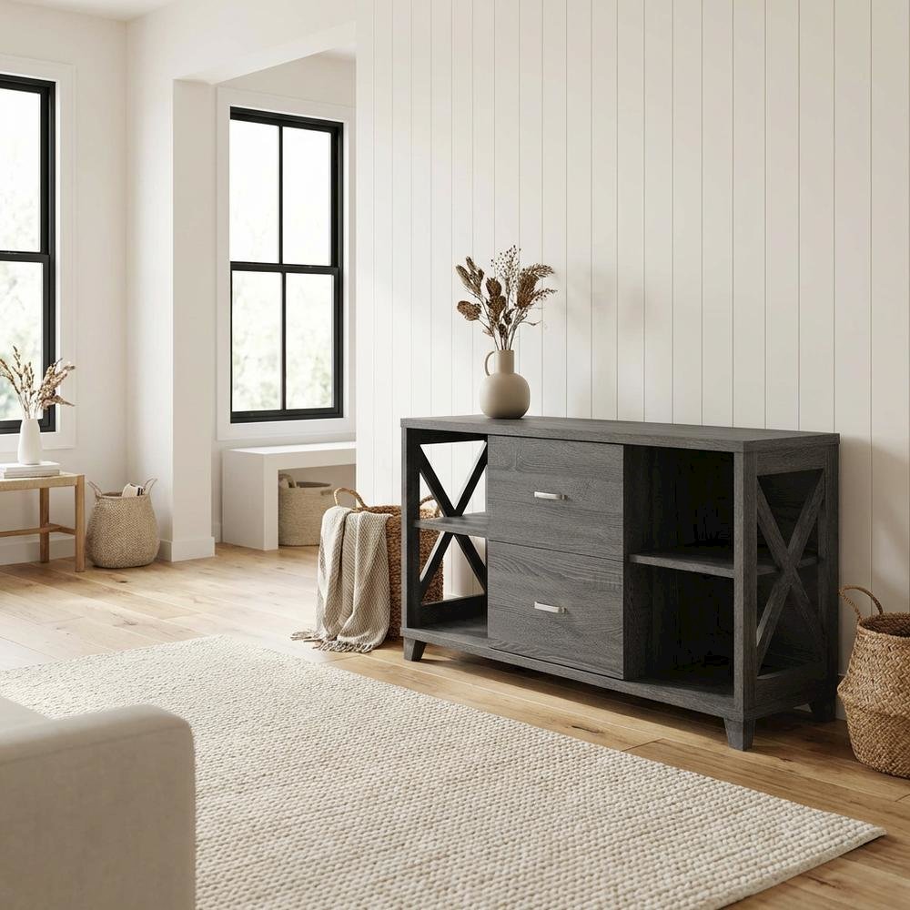 Gray Oxford Deluxe TV Stand with 2 Drawers and Shelves for 55-Inch Screens. Picture 3