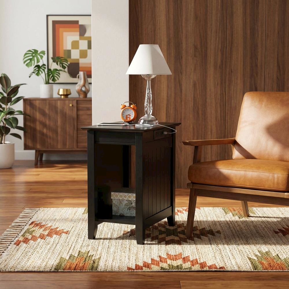 Black end table with built-in charging station and spacious shelf. Picture 2