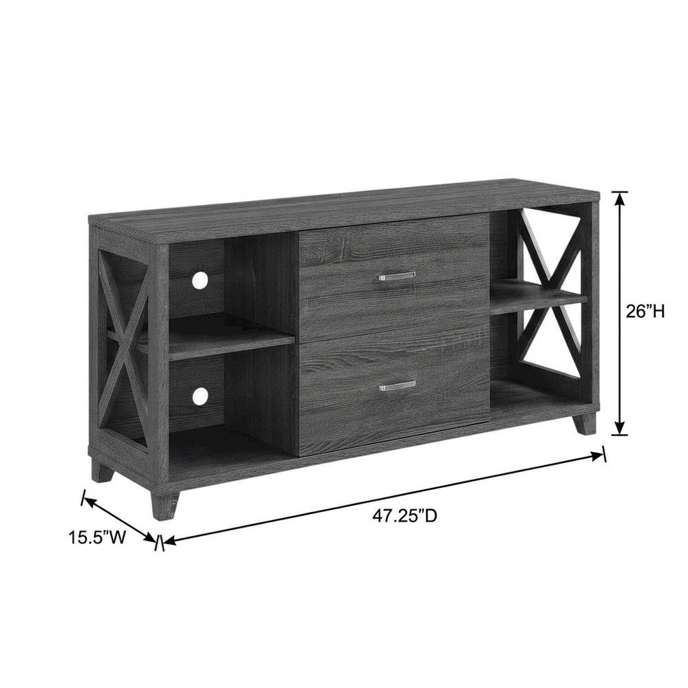 Gray Oxford Deluxe TV Stand with 2 Drawers and Shelves for 55-Inch Screens. Picture 7