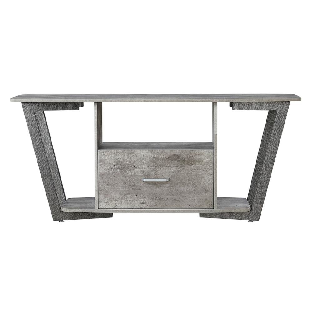 Gray TV stand with single drawer and shelf for 65-inch TVs, powder-coated metal. Picture 4