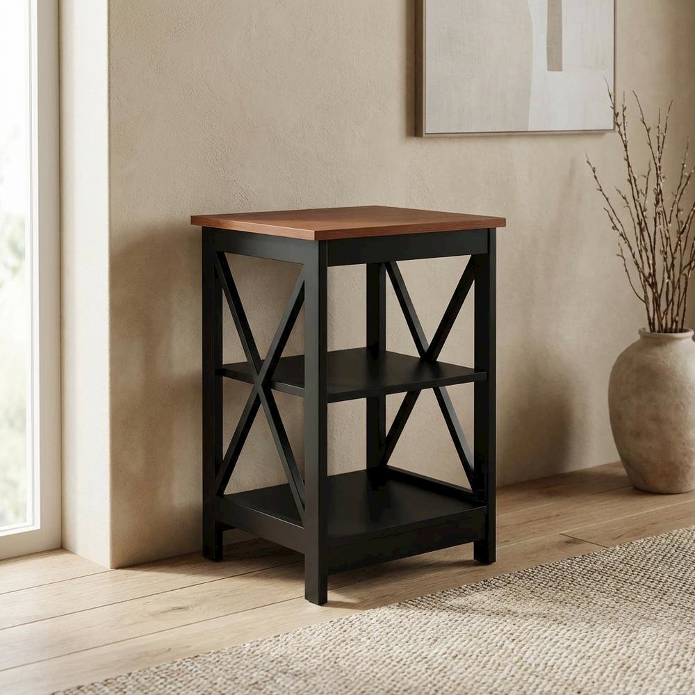 Cherry finish end table with shelves and transitional coastal style. Picture 2