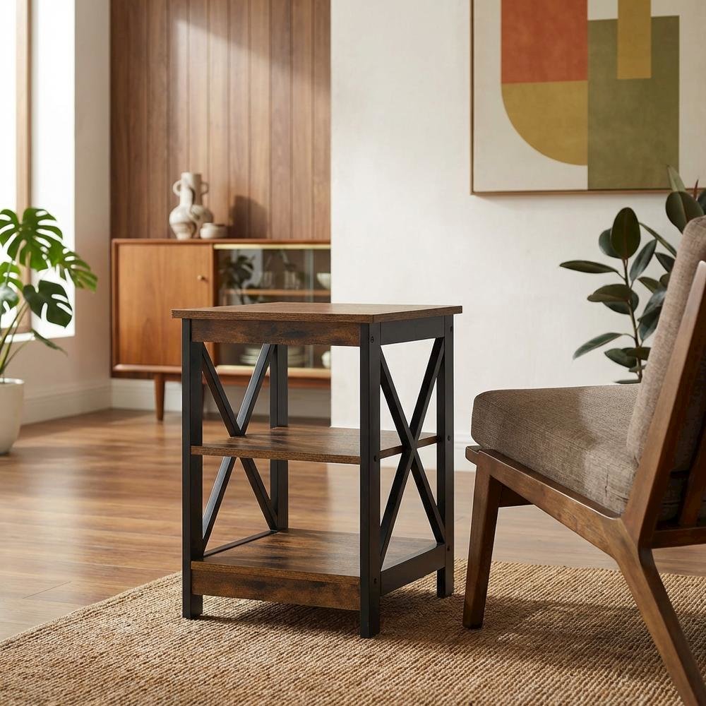 Barnwood and Black Finish End Table with Shelving for Stylish Living Spaces. Picture 2