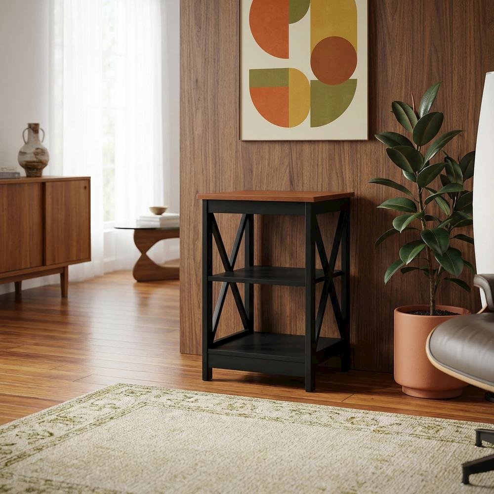 Cherry finish end table with shelves and transitional coastal style. Picture 3