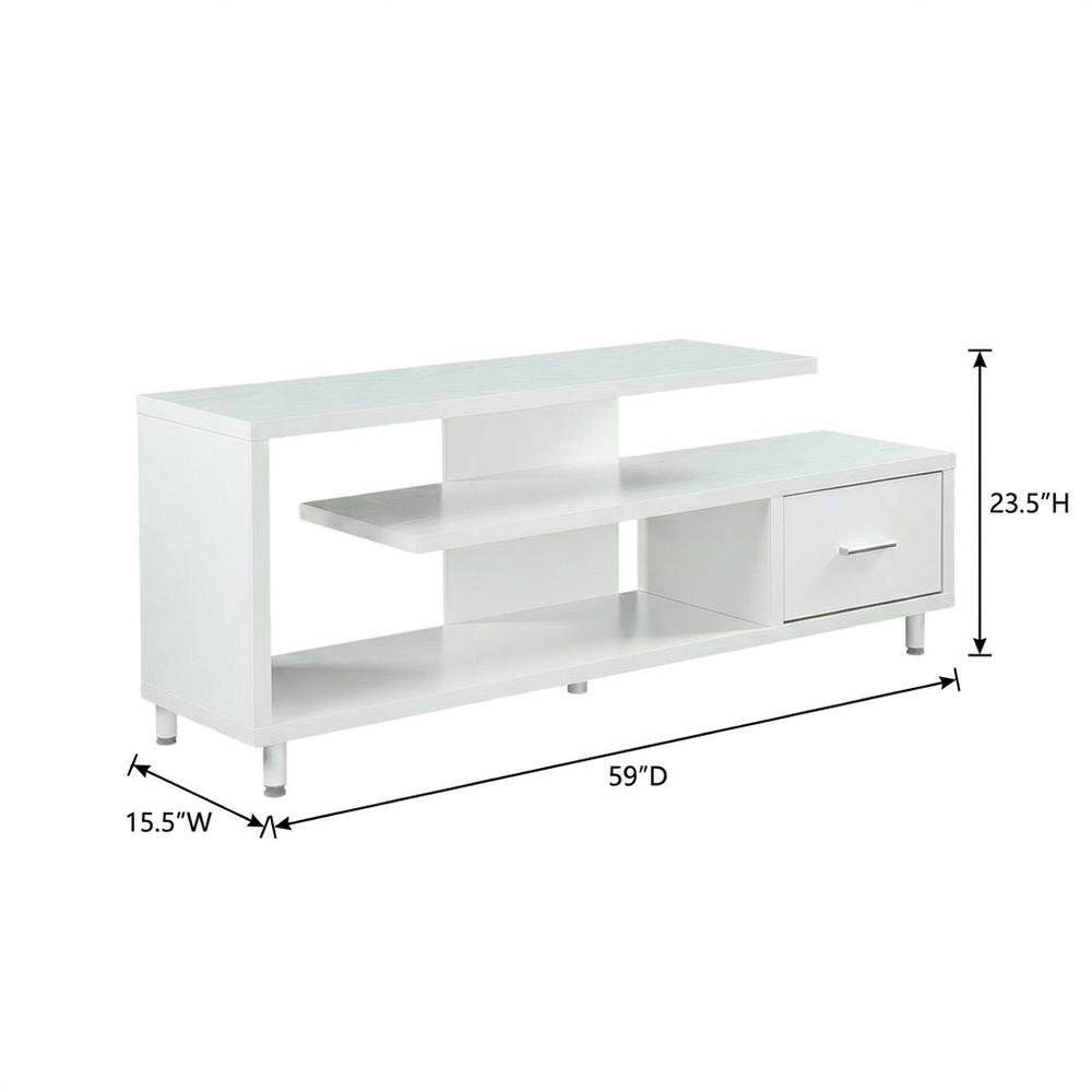 White 1-Drawer TV Stand with Shelves for TVs Up to 65 Inches, Contemporary Style. Picture 7