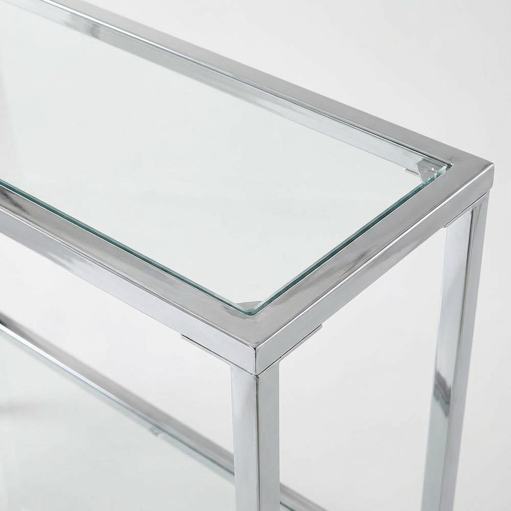 Gray Glass Chrome Hall Table with Lower Shelf, Slim Metal Frame, Modern. Picture 6