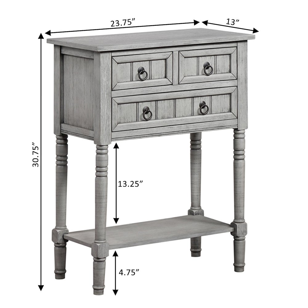 Kendra 3 Drawer Hall Table with Shelf, Wirebrush Light Gray Finish. Picture 5