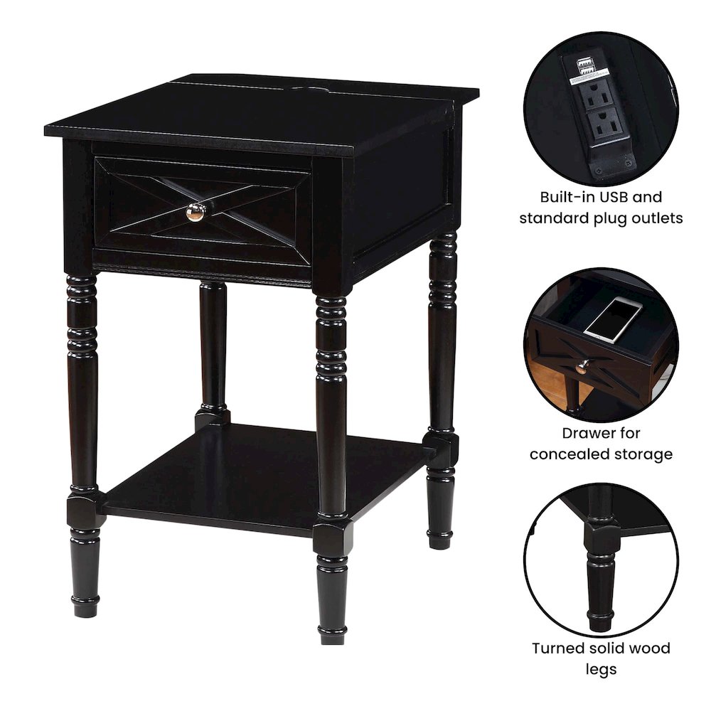 Country Oxford 1 Drawer End Table with Charging Station and Shelf, Black. Picture 4