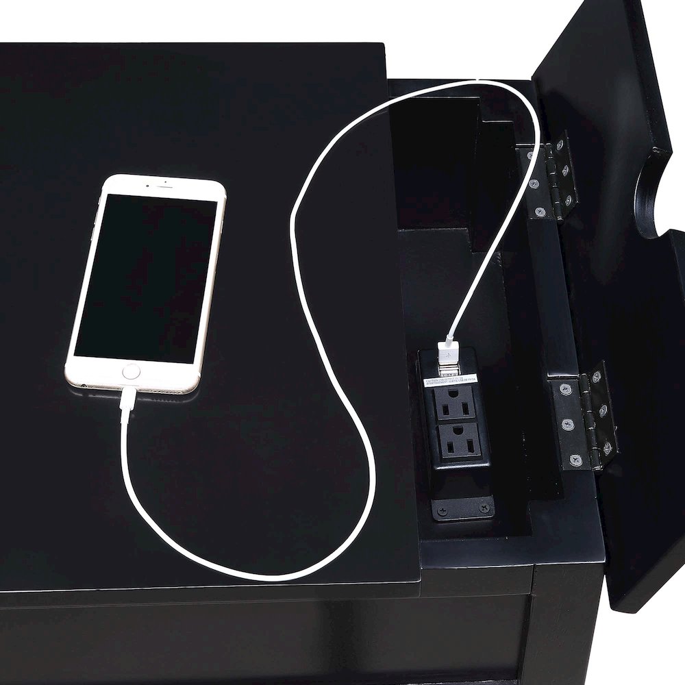 Country Oxford 1 Drawer End Table with Charging Station and Shelf, Black. Picture 6