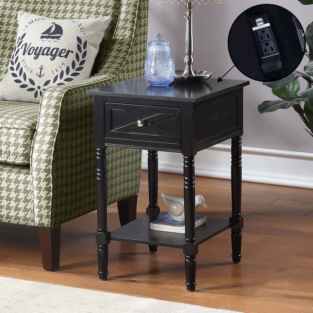 Country Oxford 1 Drawer End Table with Charging Station and Shelf, Black. Picture 2