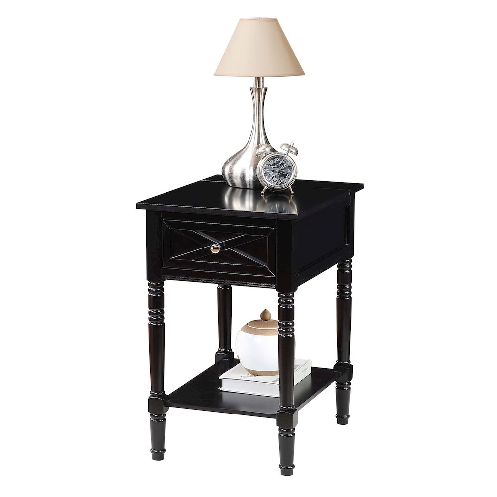 Country Oxford 1 Drawer End Table with Charging Station and Shelf, Black. Picture 3