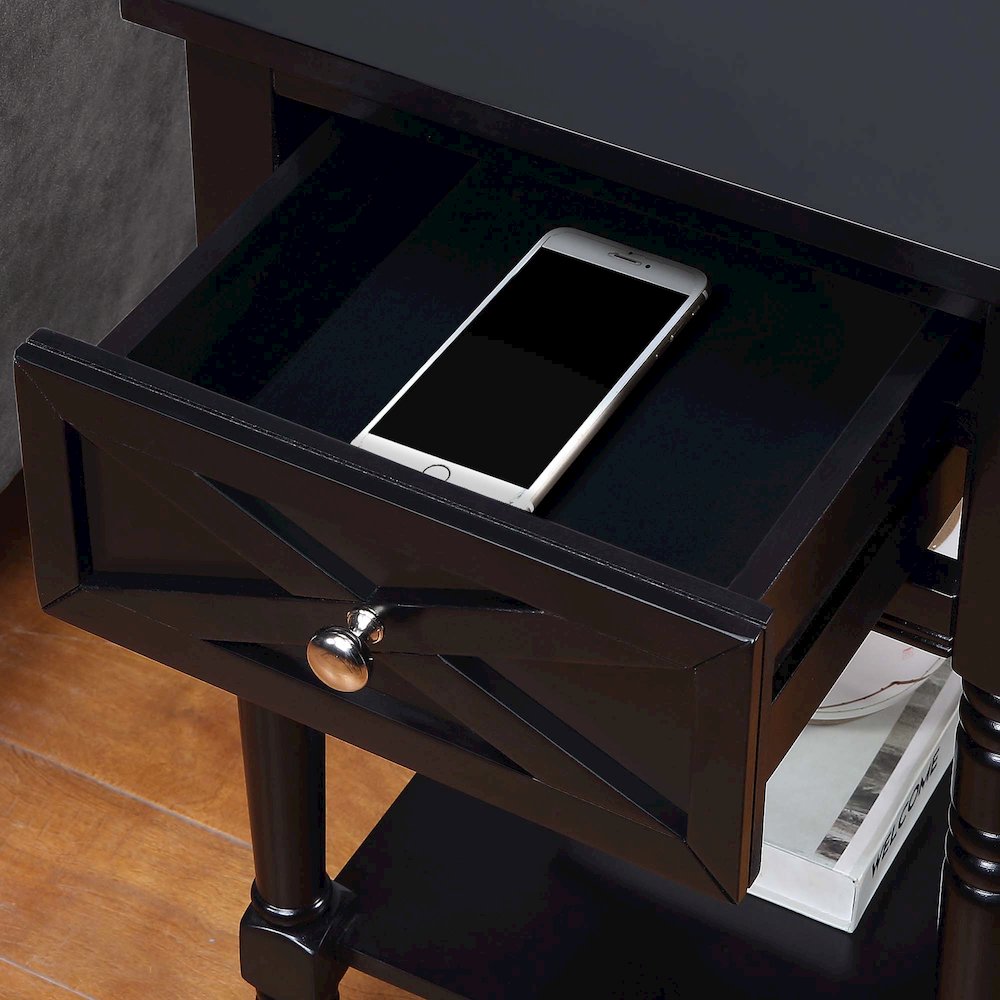 Country Oxford 1 Drawer End Table with Charging Station and Shelf, Black. Picture 8