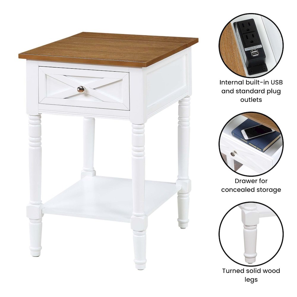 Country Oxford 1 Drawer End Table with Charging Station and Shelf, Driftwood/White. Picture 4