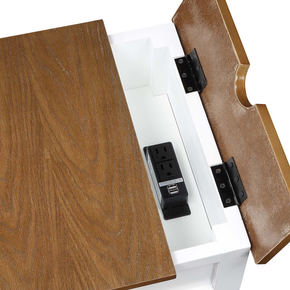 Country Oxford 1 Drawer End Table with Charging Station and Shelf, Driftwood/White. Picture 5