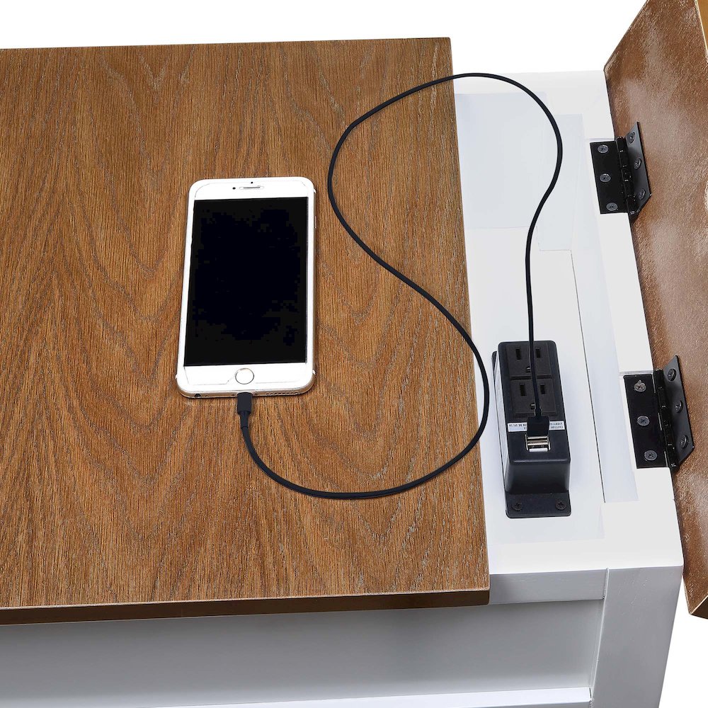 Country Oxford 1 Drawer End Table with Charging Station and Shelf, Driftwood/White. Picture 6
