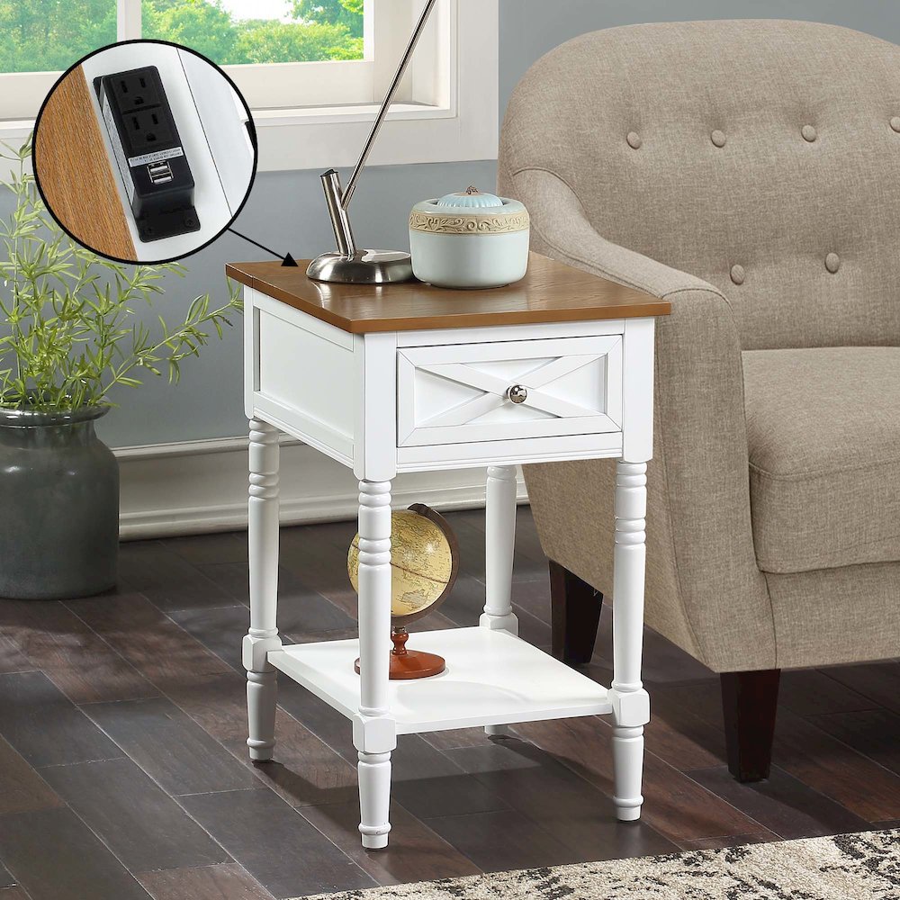 Country Oxford 1 Drawer End Table with Charging Station and Shelf, Driftwood/White. Picture 2
