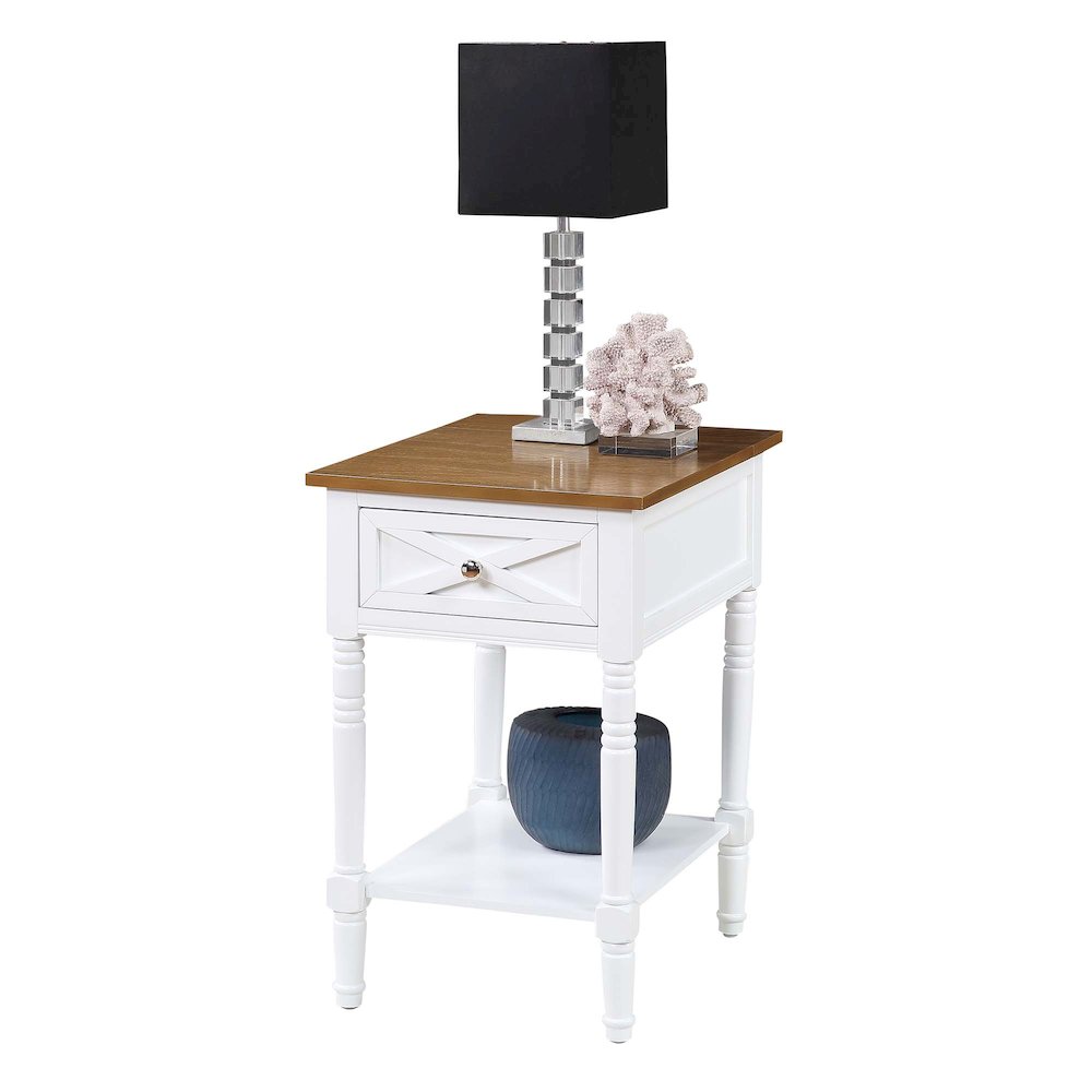 Country Oxford 1 Drawer End Table with Charging Station and Shelf, Driftwood/White. Picture 3