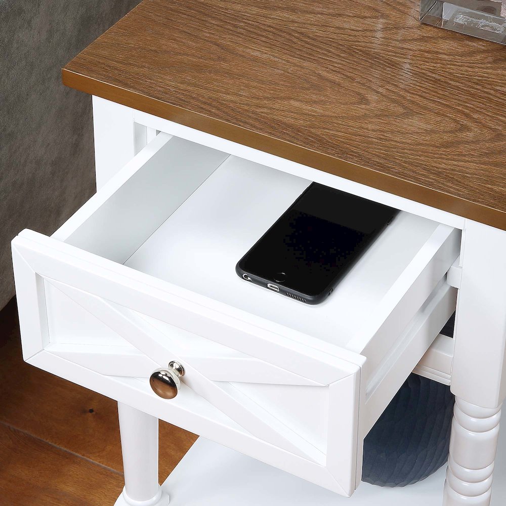 Country Oxford 1 Drawer End Table with Charging Station and Shelf, Driftwood/White. Picture 8