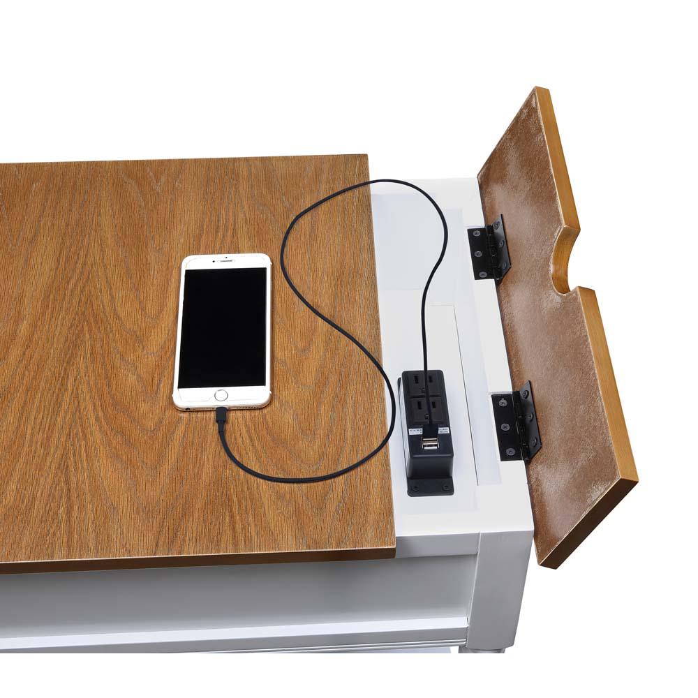 Country Oxford 1 Drawer End Table with Charging Station and Shelf, Driftwood/White. Picture 5