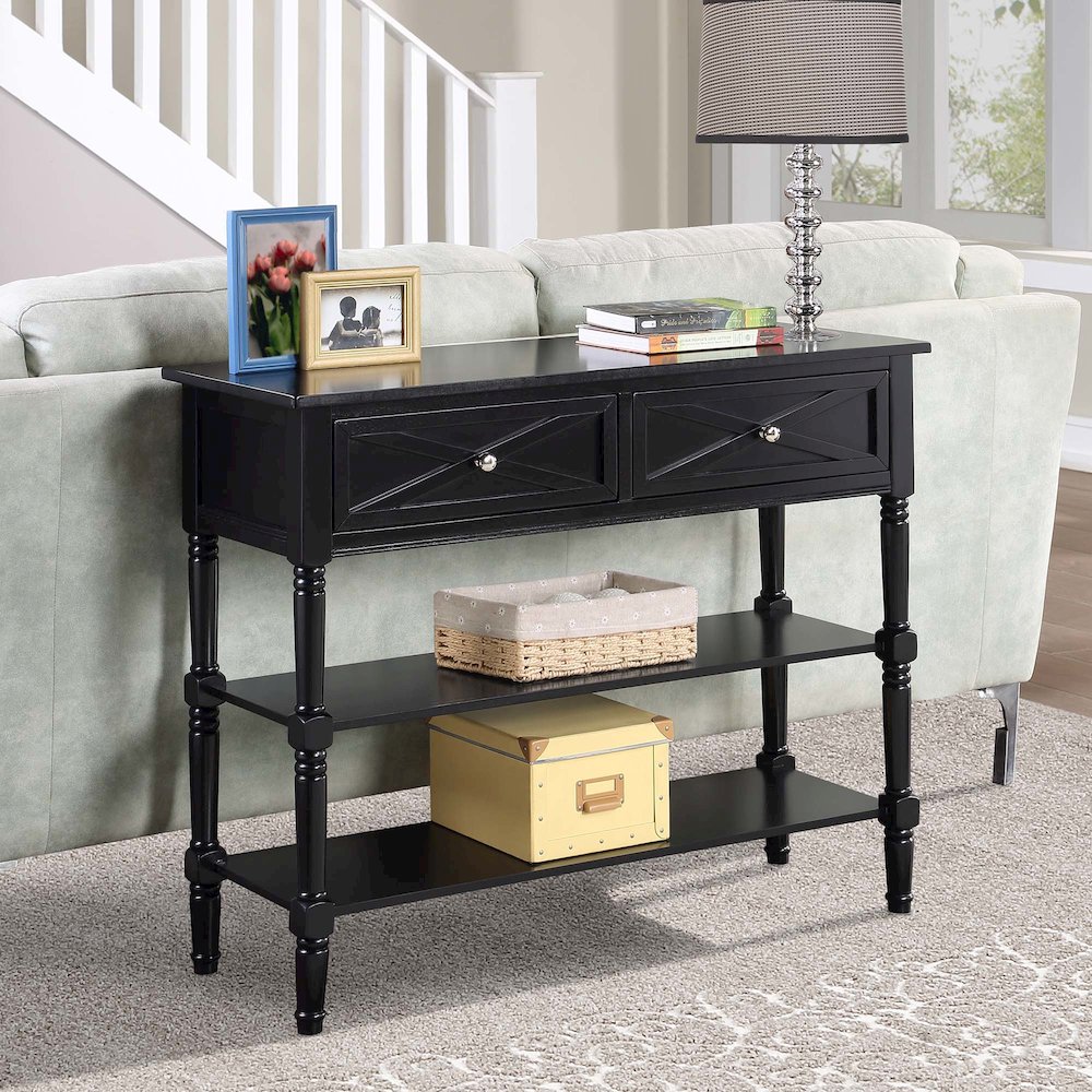 Country Oxford 2 Drawer Console Table with Shelves, Black. Picture 2