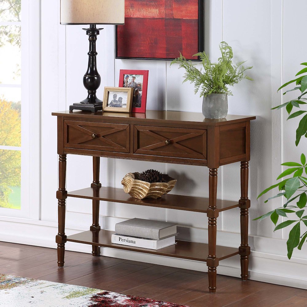 Country Oxford 2 Drawer Console Table with Shelves, Espresso. Picture 2