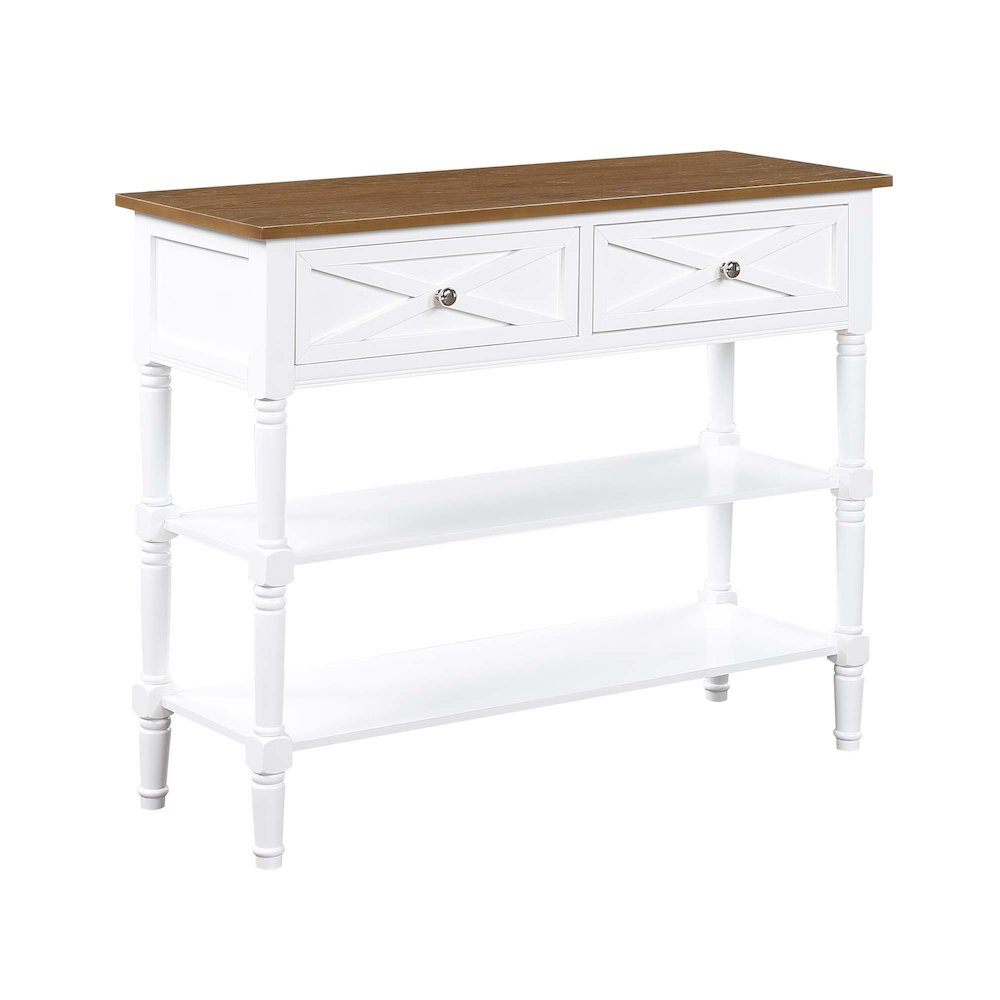 Country Oxford 2 Drawer Console Table with Shelves, Driftwood Top/White Frame. Picture 1