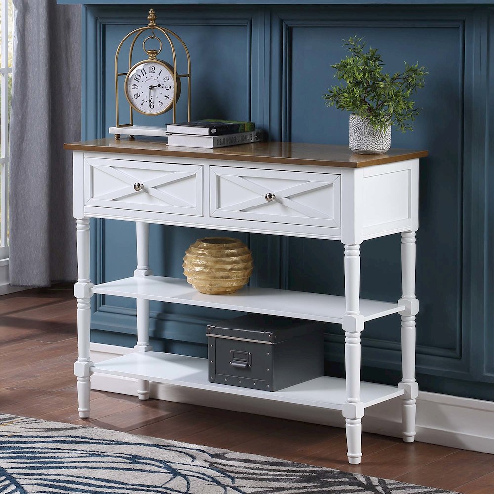 Country Oxford 2 Drawer Console Table with Shelves, Driftwood Top/White Frame. Picture 2