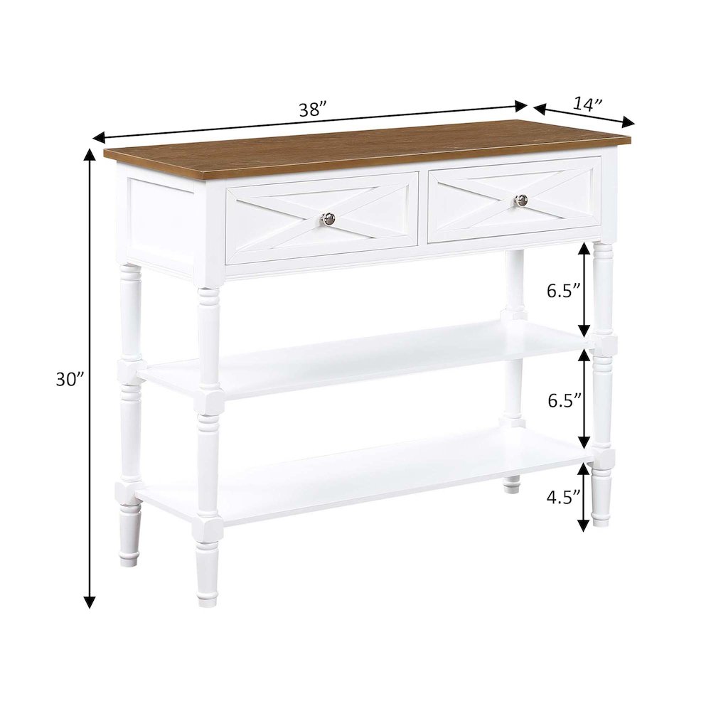 Country Oxford 2 Drawer Console Table with Shelves, Driftwood Top/White Frame. Picture 7