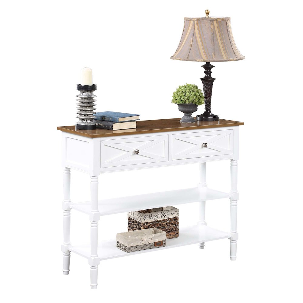 Country Oxford 2 Drawer Console Table with Shelves, Driftwood Top/White Frame. Picture 3